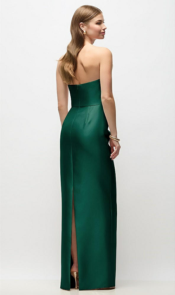 Back View - Hunter Green Strapless Asymmetrical Draped Satin Column Maxi Dress