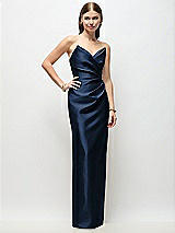 Front View Thumbnail - Midnight Navy Strapless Asymmetrical Draped Satin Column Maxi Dress