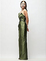 Side View Thumbnail - Olive Green Strapless Asymmetrical Draped Satin Column Maxi Dress