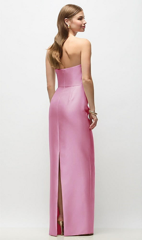 Back View - Powder Pink Strapless Asymmetrical Draped Satin Column Maxi Dress