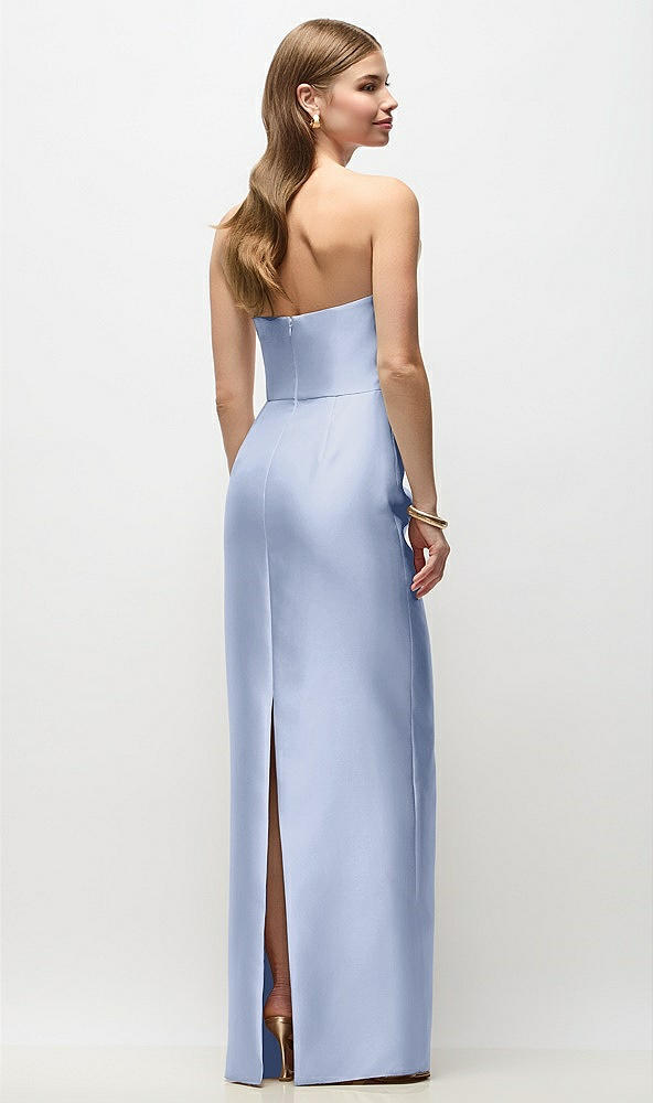 Back View - Sky Blue Strapless Asymmetrical Draped Satin Column Maxi Dress
