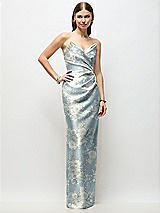Front View Thumbnail - Porcelain Blue Seraphina Floral Strapless Asymmetrical Draped Satin Column Floral Maxi Dress