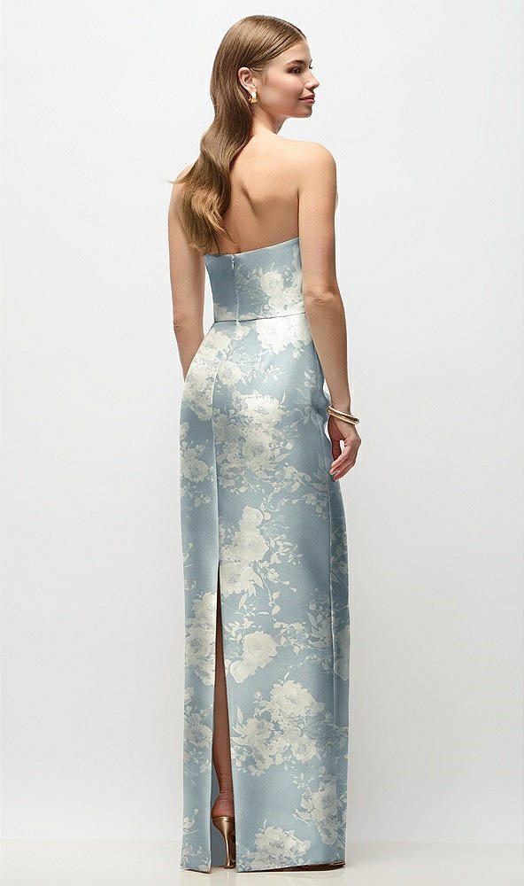 Back View - Porcelain Blue Seraphina Floral Strapless Asymmetrical Draped Satin Column Floral Maxi Dress