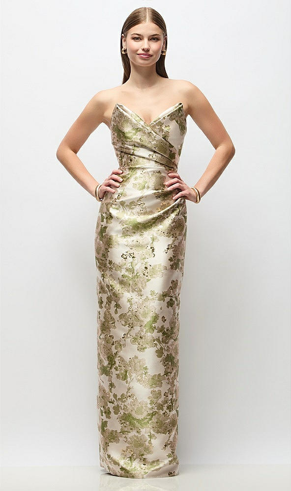 Front View - Peridot Blush Strapless Asymmetrical Draped Abstract Floral Jacquard Column Maxi Dress