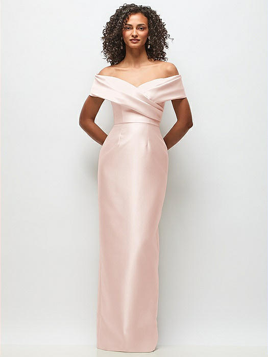 Draped Wrap Off-the-Shoulder Satin Column Floral Maxi Dress
