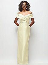 Front View Thumbnail - Butter Yellow Draped Wrap Off-the-Shoulder Satin Column Floral Maxi Dress