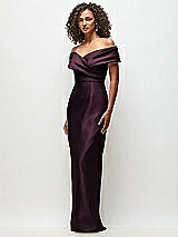Side View Thumbnail - Deep Plum Draped Wrap Off-the-Shoulder Satin Column Floral Maxi Dress