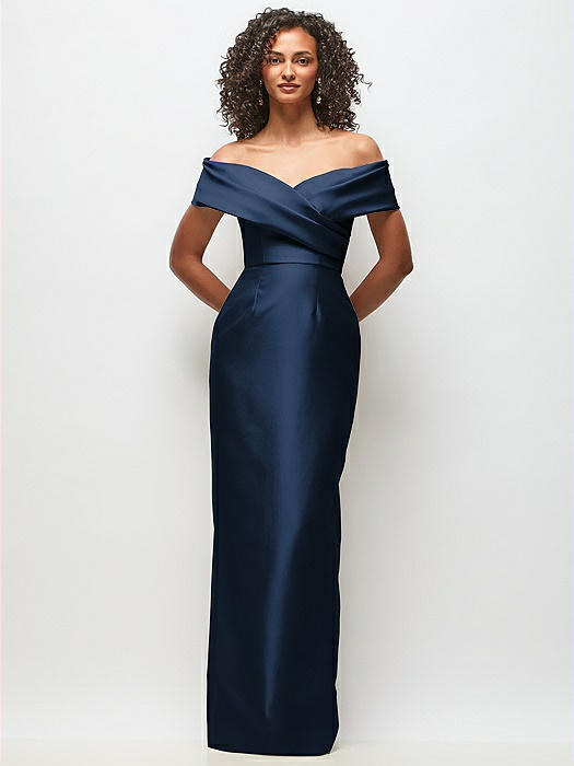 Draped Wrap Off-the-Shoulder Satin Column Floral Maxi Dress