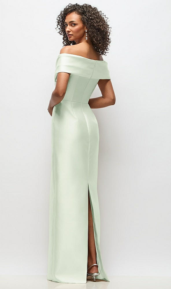Back View - Mint Green Draped Wrap Off-the-Shoulder Satin Column Floral Maxi Dress