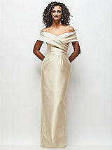 Front View Thumbnail - Champagne Draped Wrap Off-the-Shoulder Satin Column Floral Maxi Dress