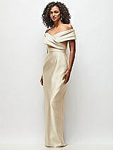 Side View Thumbnail - Champagne Draped Wrap Off-the-Shoulder Satin Column Floral Maxi Dress