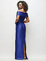Rear View Thumbnail - Cobalt Blue Draped Wrap Off-the-Shoulder Satin Column Floral Maxi Dress