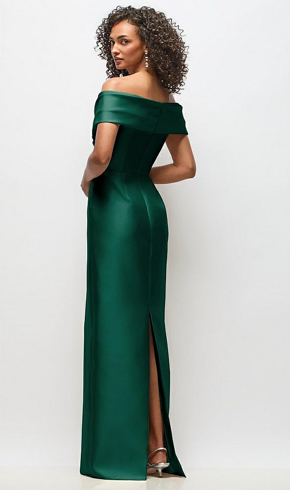 Back View - Hunter Green Draped Wrap Off-the-Shoulder Satin Column Floral Maxi Dress