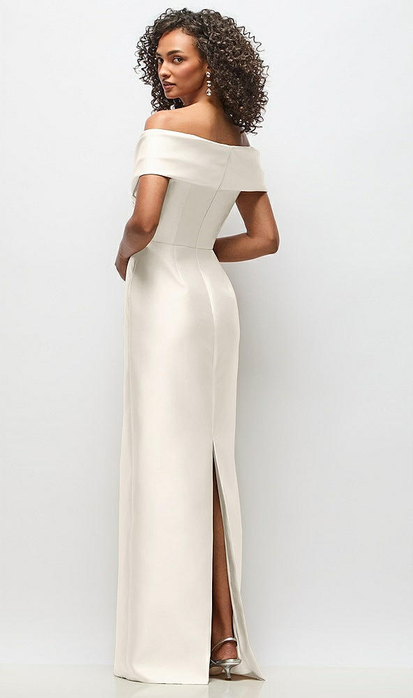 Back View - Ivory Draped Wrap Off-the-Shoulder Satin Column Floral Maxi Dress