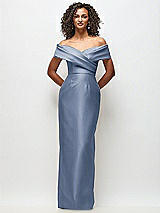 Front View Thumbnail - Larkspur Blue Draped Wrap Off-the-Shoulder Satin Column Floral Maxi Dress