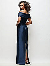 Rear View Thumbnail - Midnight Navy Draped Wrap Off-the-Shoulder Satin Column Floral Maxi Dress