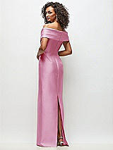 Rear View Thumbnail - Powder Pink Draped Wrap Off-the-Shoulder Satin Column Floral Maxi Dress