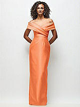Front View Thumbnail - Portofino Orange Draped Wrap Off-the-Shoulder Satin Column Floral Maxi Dress