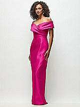 Side View Thumbnail - Think Pink Draped Wrap Off-the-Shoulder Satin Column Floral Maxi Dress