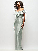 Side View Thumbnail - Willow Green Draped Wrap Off-the-Shoulder Satin Column Floral Maxi Dress