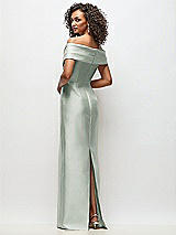 Rear View Thumbnail - Willow Green Draped Wrap Off-the-Shoulder Satin Column Floral Maxi Dress
