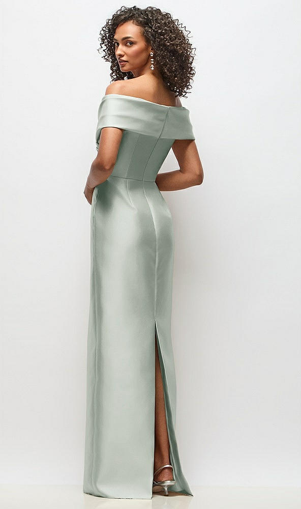 Back View - Willow Green Draped Wrap Off-the-Shoulder Satin Column Floral Maxi Dress