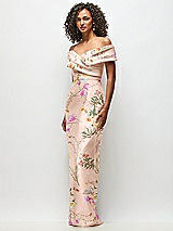 Side View Thumbnail - Butterfly Botanica Pink Sand Draped Wrap Off-the-Shoulder Satin Column Maxi Dress