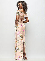 Rear View Thumbnail - Butterfly Botanica Pink Sand Draped Wrap Off-the-Shoulder Satin Column Maxi Dress
