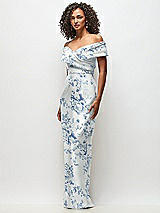 Side View Thumbnail - Cottage Rose Larkspur Draped Wrap Off-the-Shoulder Satin Column Maxi Dress