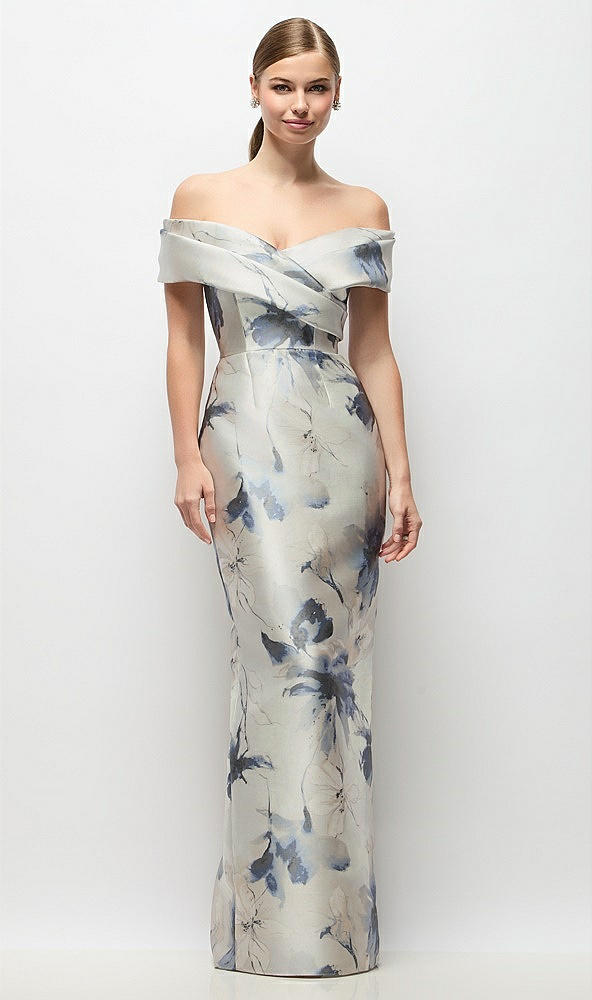 Front View - Inkwash Blue Floral Draped Wrap Off-the-Shoulder Satin Column Maxi Dress