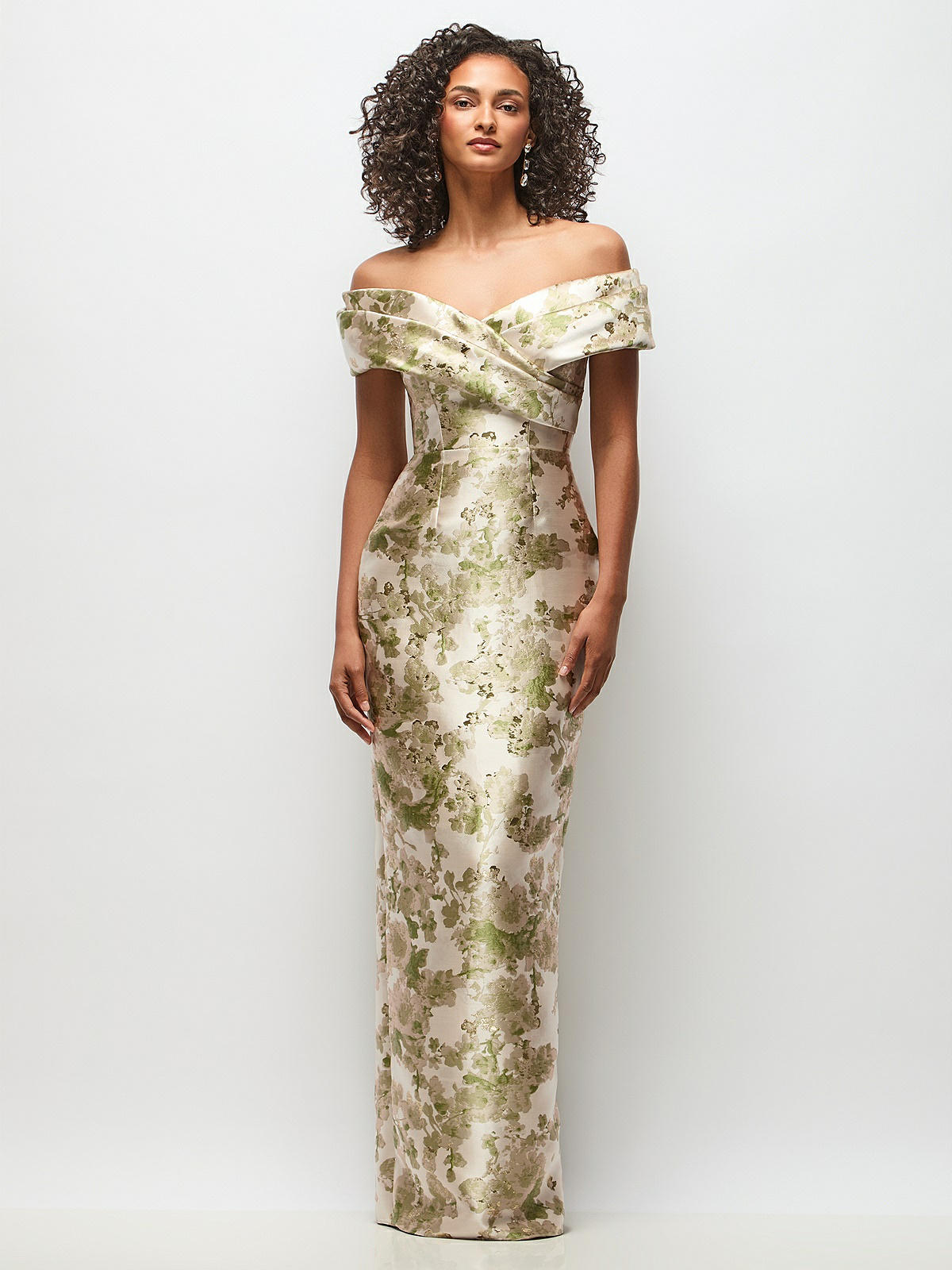 Draped Wrap Off-the-shoulder Abstract Floral Jacquard Column Maxi