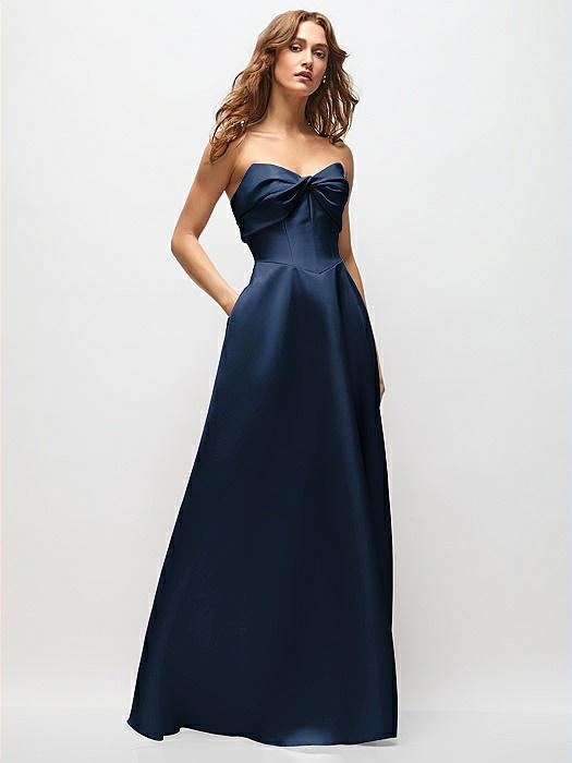 Strapless Twist Cuff Neck Satin Maxi Dress with Basque-Waist & Full Skirt