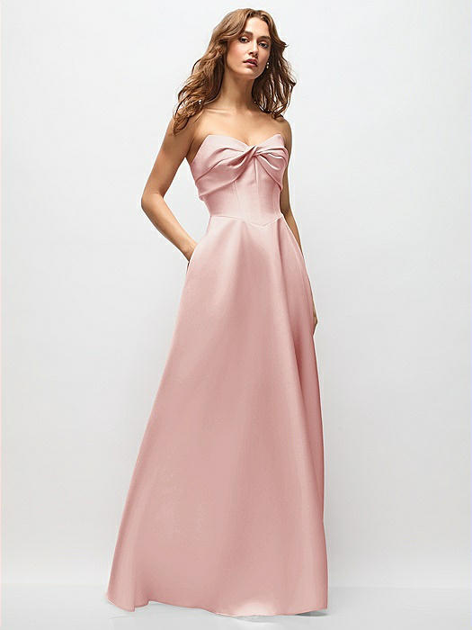 Strapless Twist Cuff Neck Satin Maxi Dress with Basque-Waist & Full Skirt