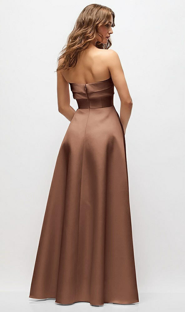 Back View - Cognac Strapless Twist Cuff Neck Satin Maxi Dress with Basque-Waist & Full Skirt
