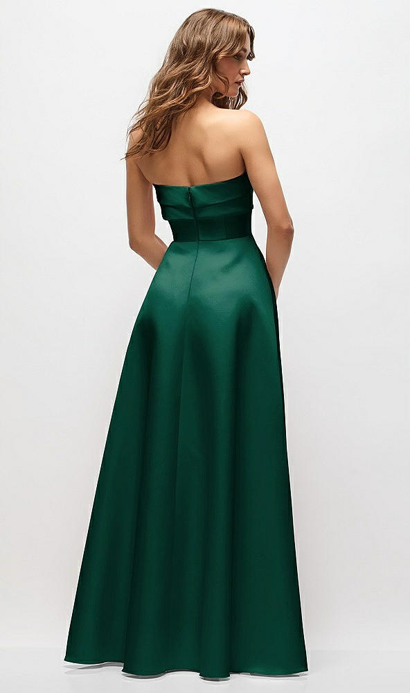 Back View - Hunter Green Strapless Twist Cuff Neck Satin Maxi Dress with Basque-Waist & Full Skirt