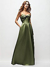 Front View Thumbnail - Olive Green Strapless Twist Cuff Neck Satin Maxi Dress with Basque-Waist & Full Skirt