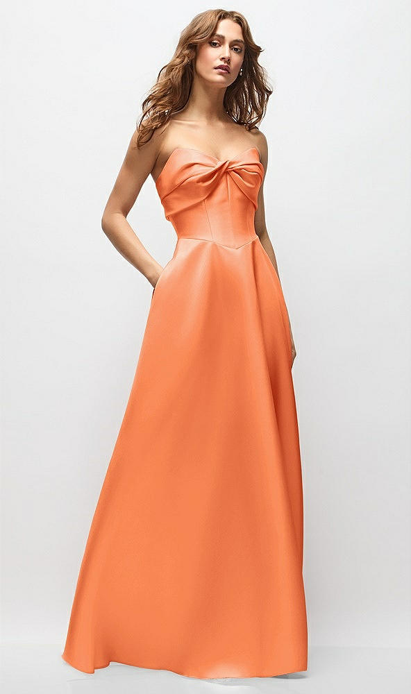 Front View - Portofino Orange Strapless Twist Cuff Neck Satin Maxi Dress with Basque-Waist & Full Skirt