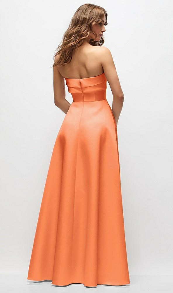 Back View - Portofino Orange Strapless Twist Cuff Neck Satin Maxi Dress with Basque-Waist & Full Skirt