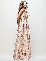 Side View Thumbnail - Butterfly Botanica Pink Sand Strapless Twist Cuff Neck Floral Satin Maxi Dress with Basque-Waist & Full Skirt