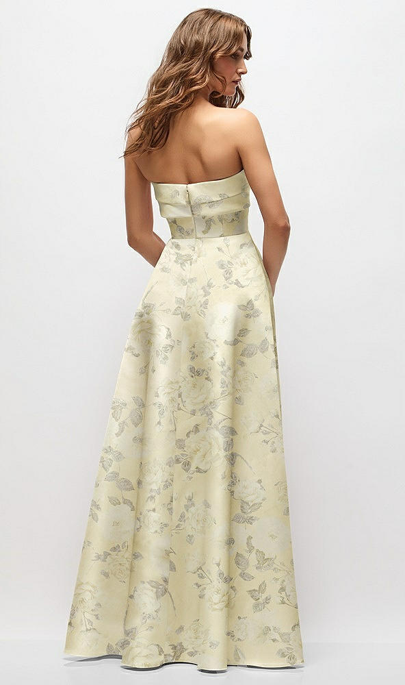 Back View - Butter Yellow Floral Strapless Twist Cuff Neck Floral Satin Maxi Dress with Basque-Waist & Full Skirt