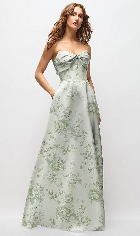 Front View - Sage Cottage Rose Strapless Twist Cuff Neck Floral Satin Maxi Dress with Basque-Waist & Full Skirt