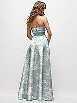 Rear View Thumbnail - Porcelain Blue Seraphina Floral Strapless Twist Cuff Neck Floral Satin Maxi Dress with Basque-Waist & Full Skirt