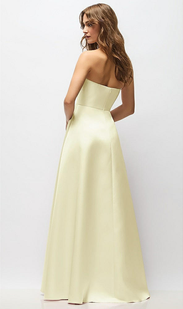 Back View - Butter Yellow Strapless Hand-Pleated Bodice Satin Maxi Dress with Full Pleated Skirt