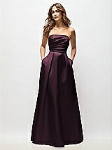 Front View Thumbnail - Deep Plum Strapless Hand-Pleated Bodice Satin Maxi Dress with Full Pleated Skirt