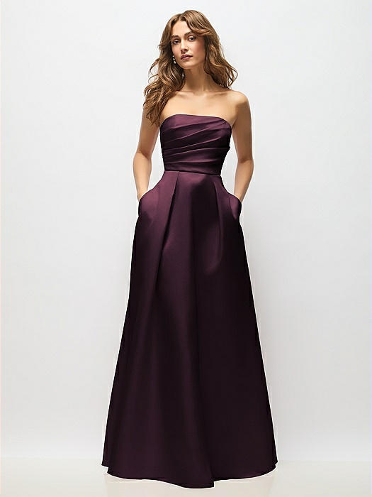 Strapless Hand-Pleated Bodice Satin Maxi Dress with Full Pleated Skirt