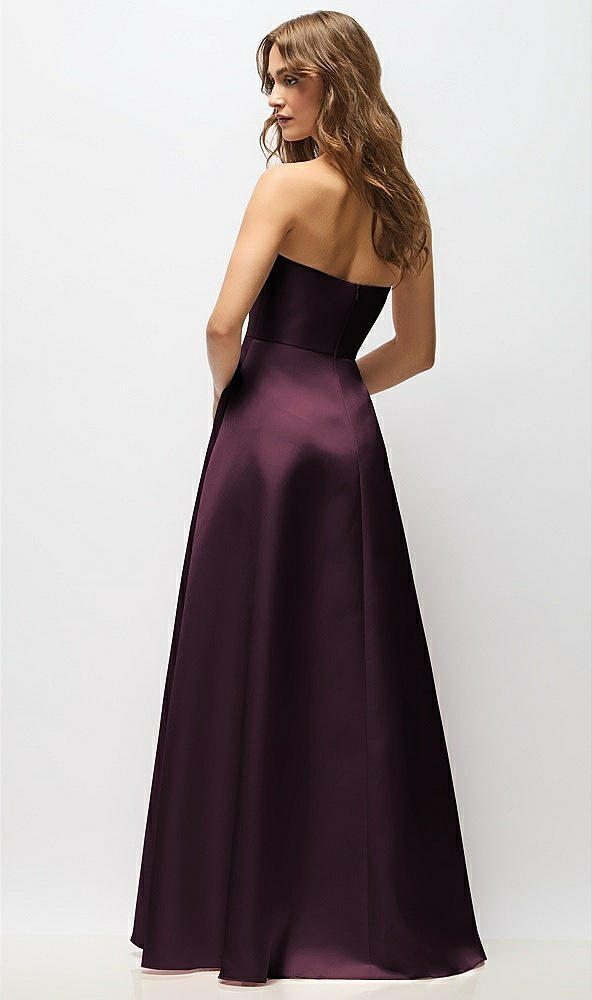 Back View - Deep Plum Strapless Hand-Pleated Bodice Satin Maxi Dress with Full Pleated Skirt