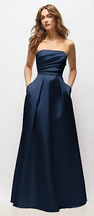 Strapless Hand-Pleated Bodice Satin Maxi Dress with Full Pleated Skirt