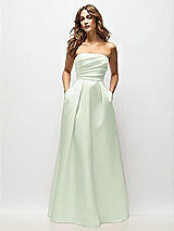 Front View Thumbnail - Mint Green Strapless Hand-Pleated Bodice Satin Maxi Dress with Full Pleated Skirt