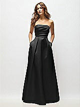 Front View Thumbnail - Black Strapless Hand-Pleated Bodice Satin Maxi Dress with Full Pleated Skirt