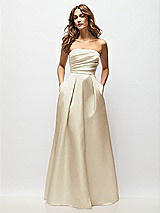 Front View Thumbnail - Champagne Strapless Hand-Pleated Bodice Satin Maxi Dress with Full Pleated Skirt